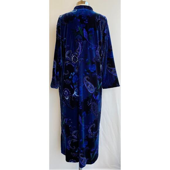 Oscar De La Renta VELVET Paisley Zip Vneck Pocket Maxi Nightgown Sleep Blue sz L - Picture 7 of 10